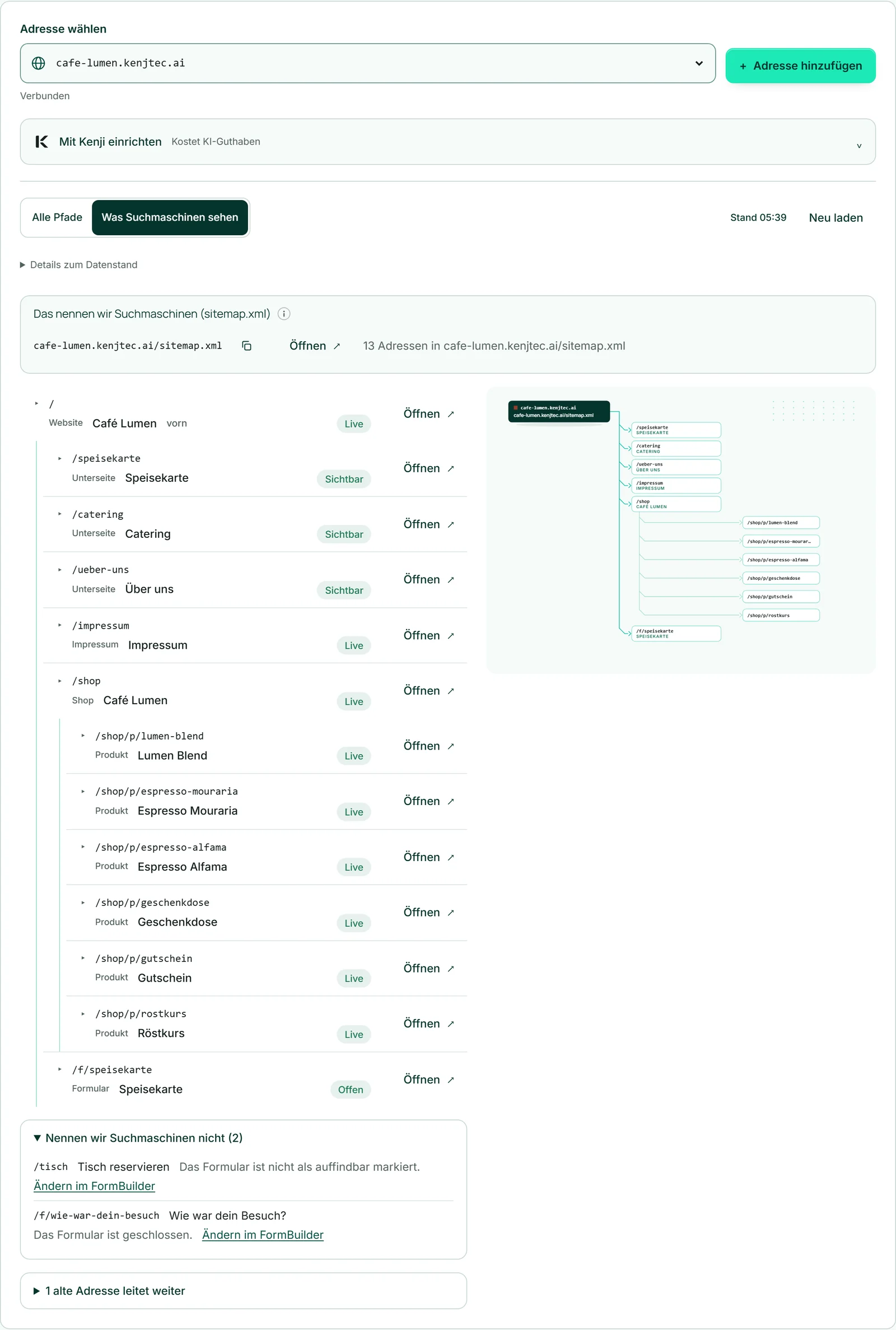 Der Adressplan von Café Lumen in der Sicht „Was Suchmaschinen sehen“: oben cafe-lumen.kenjtec.ai/sitemap.xml mit Zähler, darunter die genannten Zeilen und aufgeklappt „Nennen wir Suchmaschinen nicht“.