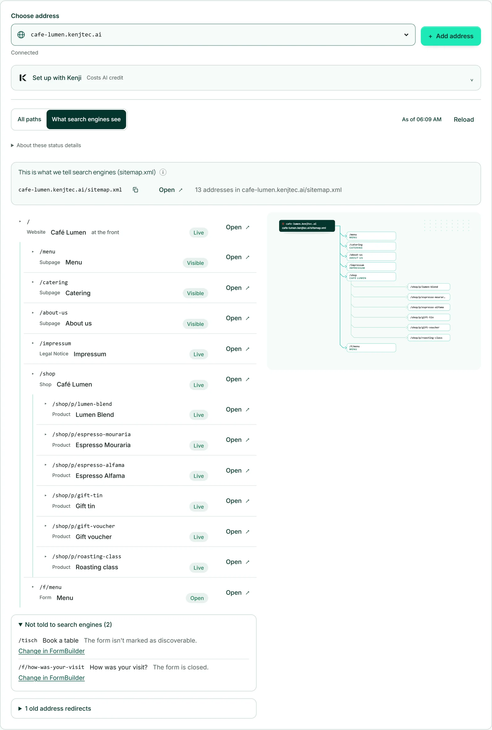 Adresseplanen for Café Lumen i visningen „Hvad søgemaskiner ser“: øverst cafe-lumen.kenjtec.ai/sitemap.xml med tæller, nedenunder de nævnte rækker og „Nævner vi ikke for søgemaskiner“ foldet ud.