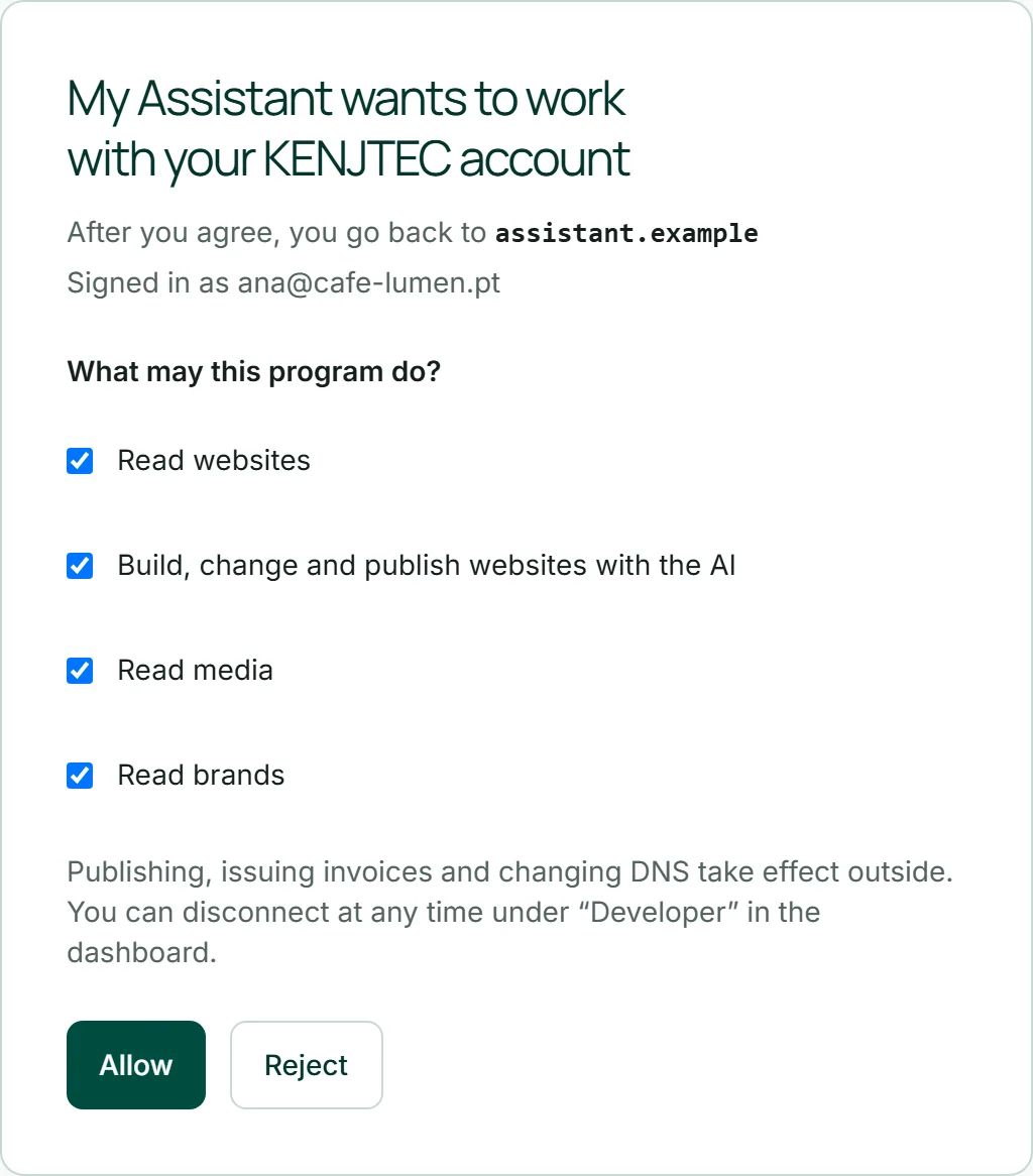صفحة «يريد Mein Assistent العمل مع حسابك في KENJTEC»: وتحتها assistent.example بوصفه عنوان الرجوع، وحساب آنا الذي سجّلت الدخول به، وأربع صلاحيات عليها علامة اختيار، والزرّان «سماح» و«رفض».