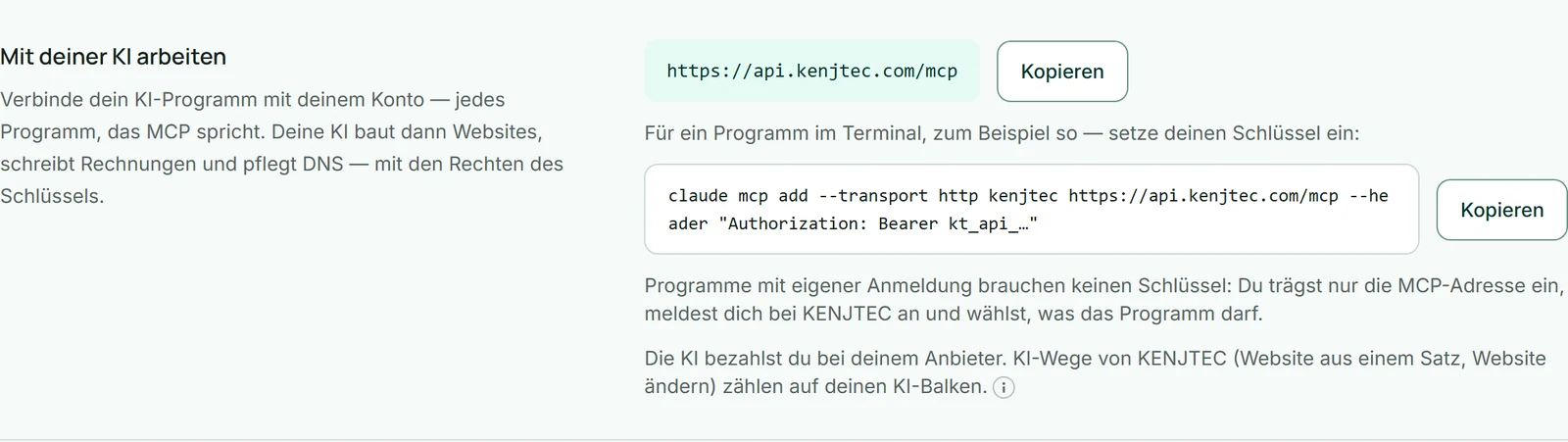 Der Bereich „Entwickler“ von Café Lumen mit dem Block „Mit deiner KI arbeiten“: die MCP-Adresse und darunter der fertige Befehl, jeweils mit dem Knopf „Kopieren“.