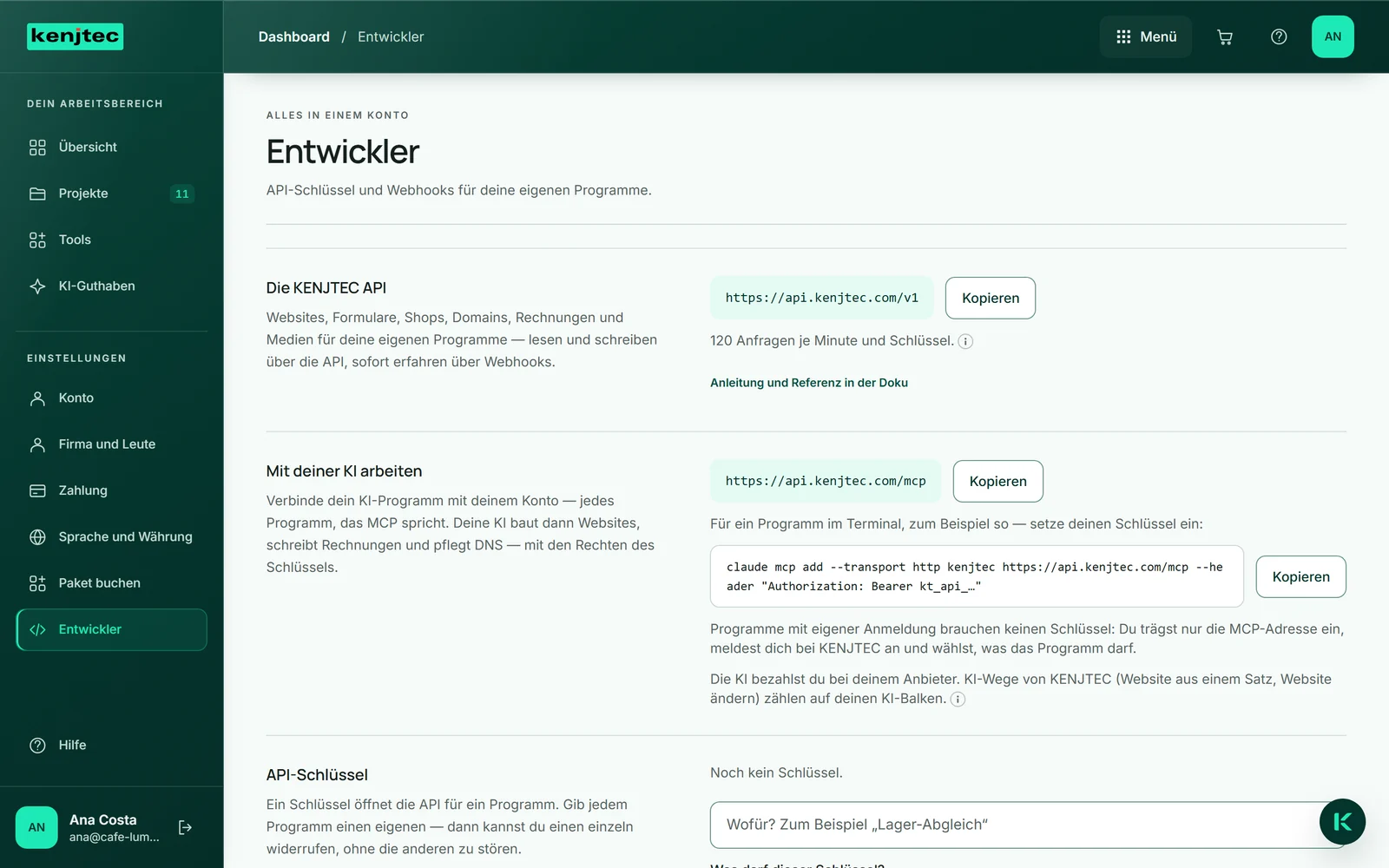 Das Dashboard von Café Lumen im Bereich „Entwickler“: oben die Adresse der API mit dem Knopf „Kopieren“, darunter der Satz „120 Anfragen je Minute und Schlüssel.“