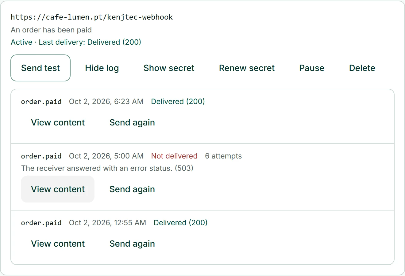 Il registro delle consegne del webhook di Café Lumen: tre voci “order.paid”, una delle quali “Non consegnato” con “Il destinatario ha risposto con uno stato di errore. (503)” e il pulsante “Invia di nuovo”.