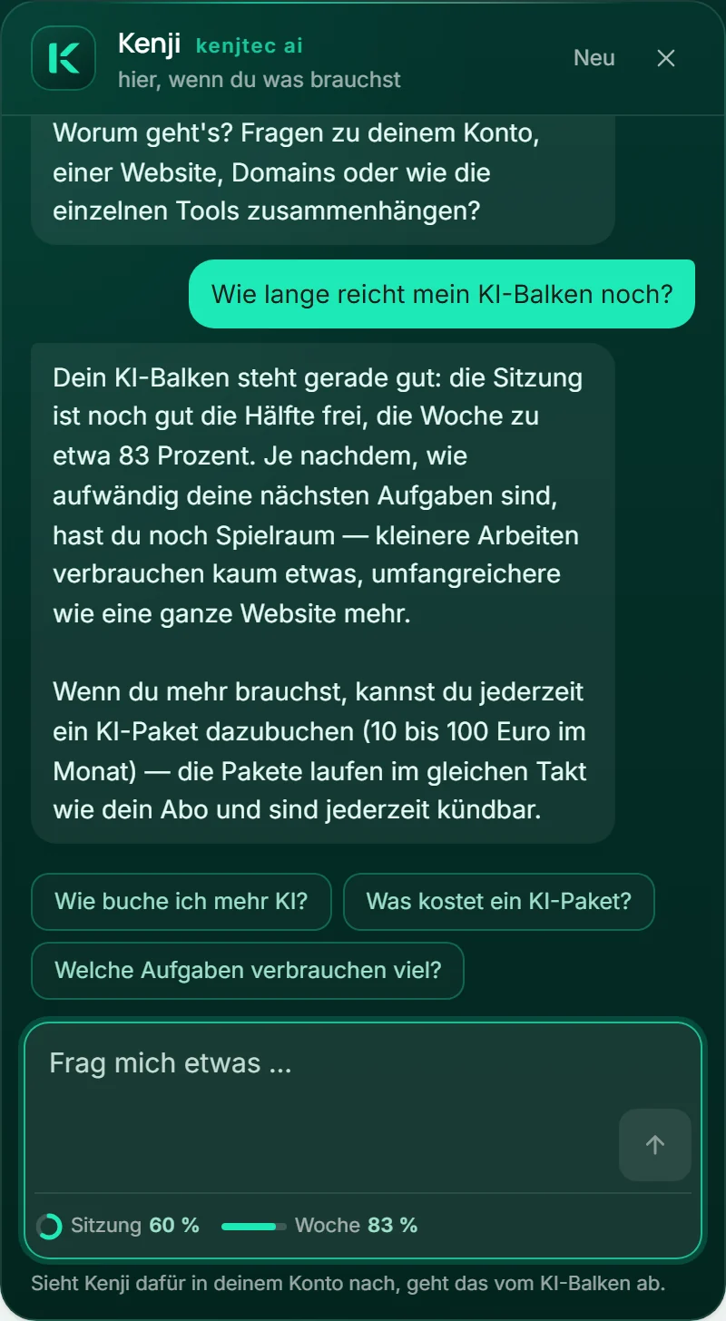 Das Chatfenster: oben „Kenji“ und „kenjtec ai“, darunter Anas Frage, wie lange ihr KI-Balken reicht, Kenjis Antwort und Anschlussfragen darunter.