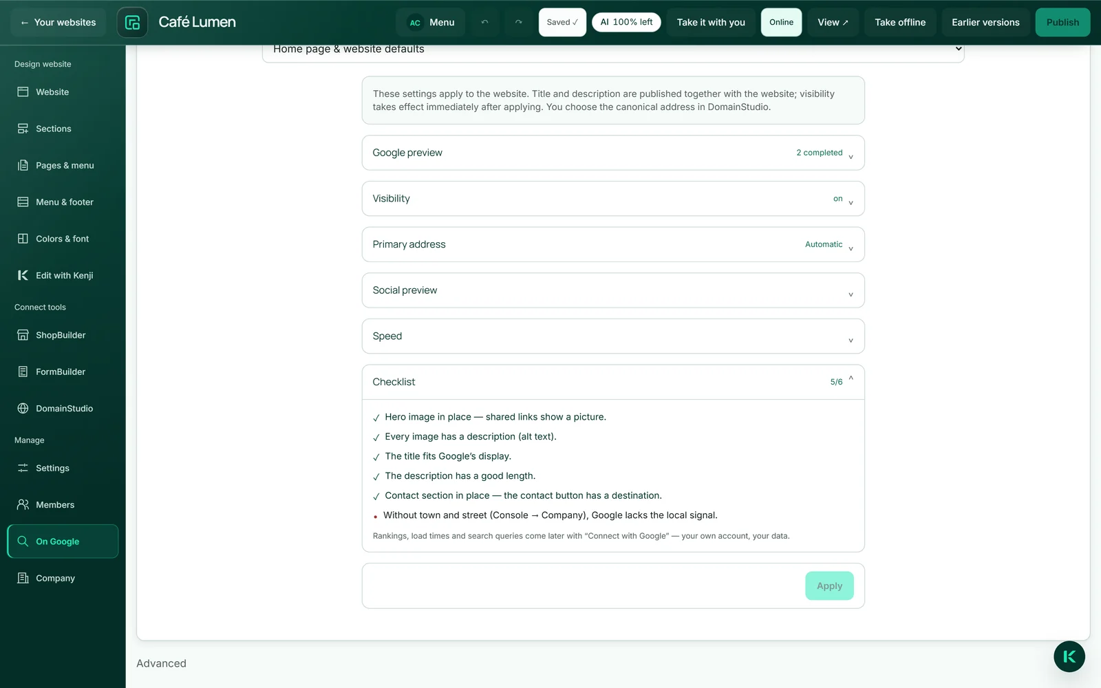 La «Lista de comprobación» de «En Google» de Café Lumen con la marca de verificación en «Todas las imágenes tienen descripción (texto alternativo).»