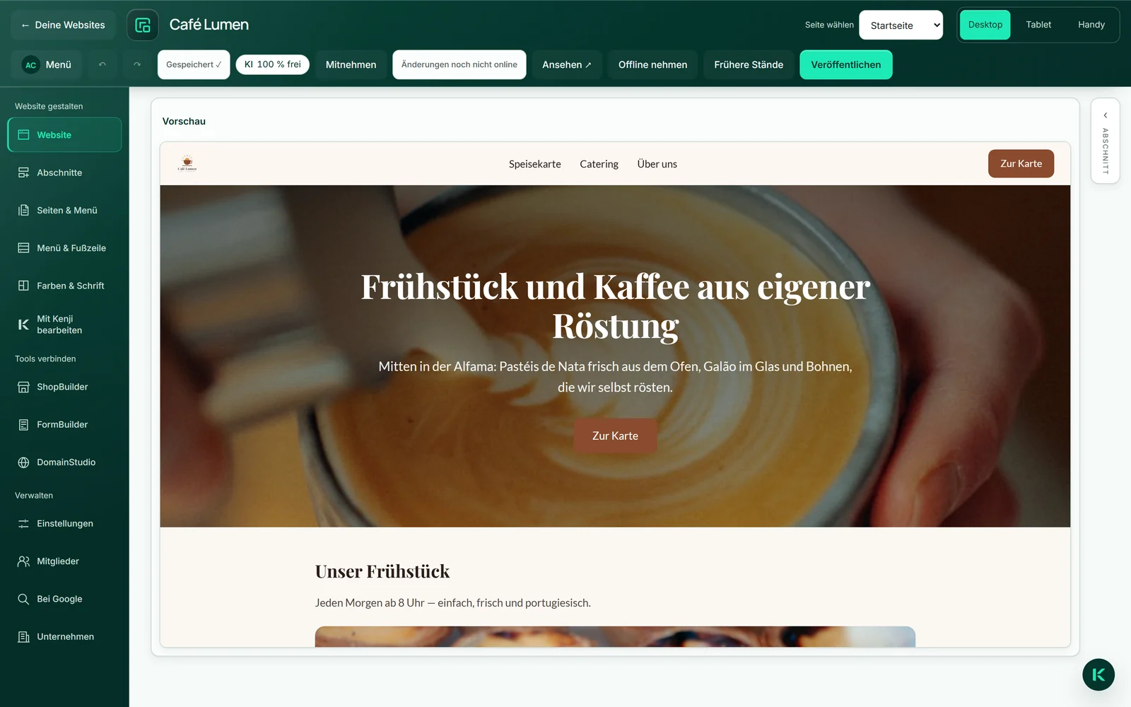 Der Editor von Café Lumen mit einem neuen Kopfbild und dem Zustand „Änderungen noch nicht online“ — die veröffentlichte Seite zeigt bis zur nächsten Freigabe weiter das bisherige.