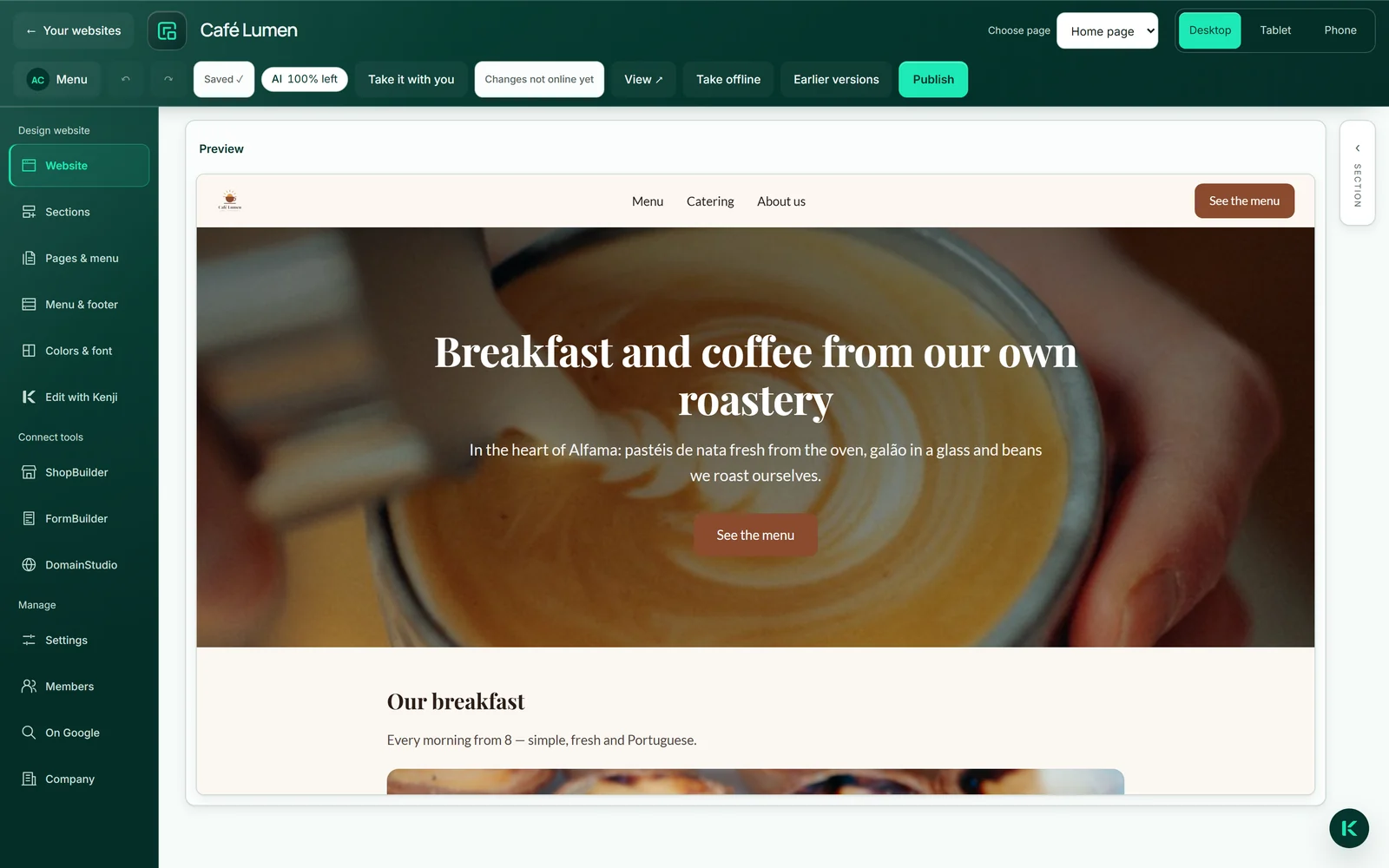 El editor de Café Lumen con una nueva imagen de cabecera y el estado «Cambios aún no publicados»: hasta la próxima publicación, la página publicada sigue mostrando la anterior.