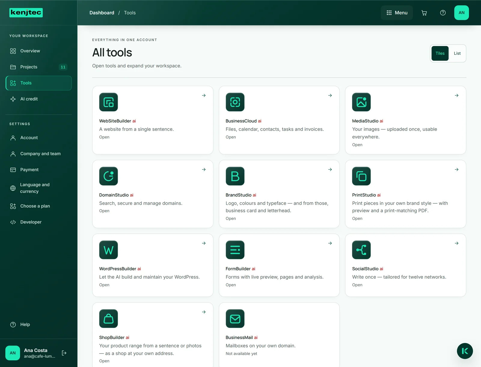 The “All tools” view for Café Lumen as tiles: every tool with its mark, a sentence and “Open” or “Add on” underneath.