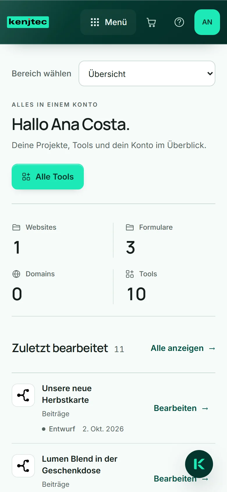 Dasselbe Dashboard auf dem Handy: oben das Feld „Bereich wählen“, über das sich alle Bereiche und Einstellungen öffnen.