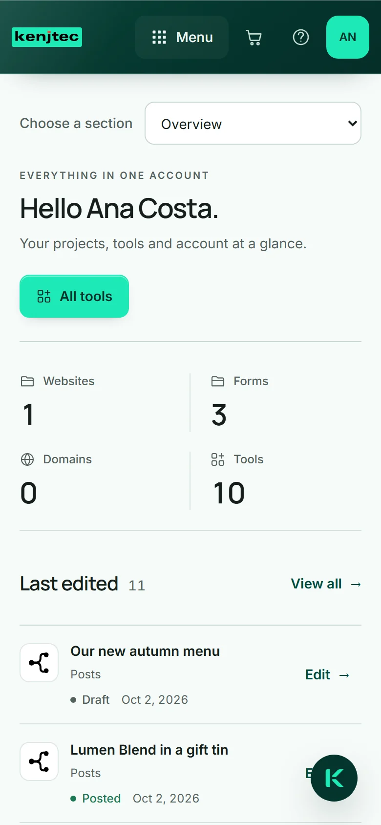 The same dashboard on a phone: the “Choose a section” field at the top, which opens every section and setting.