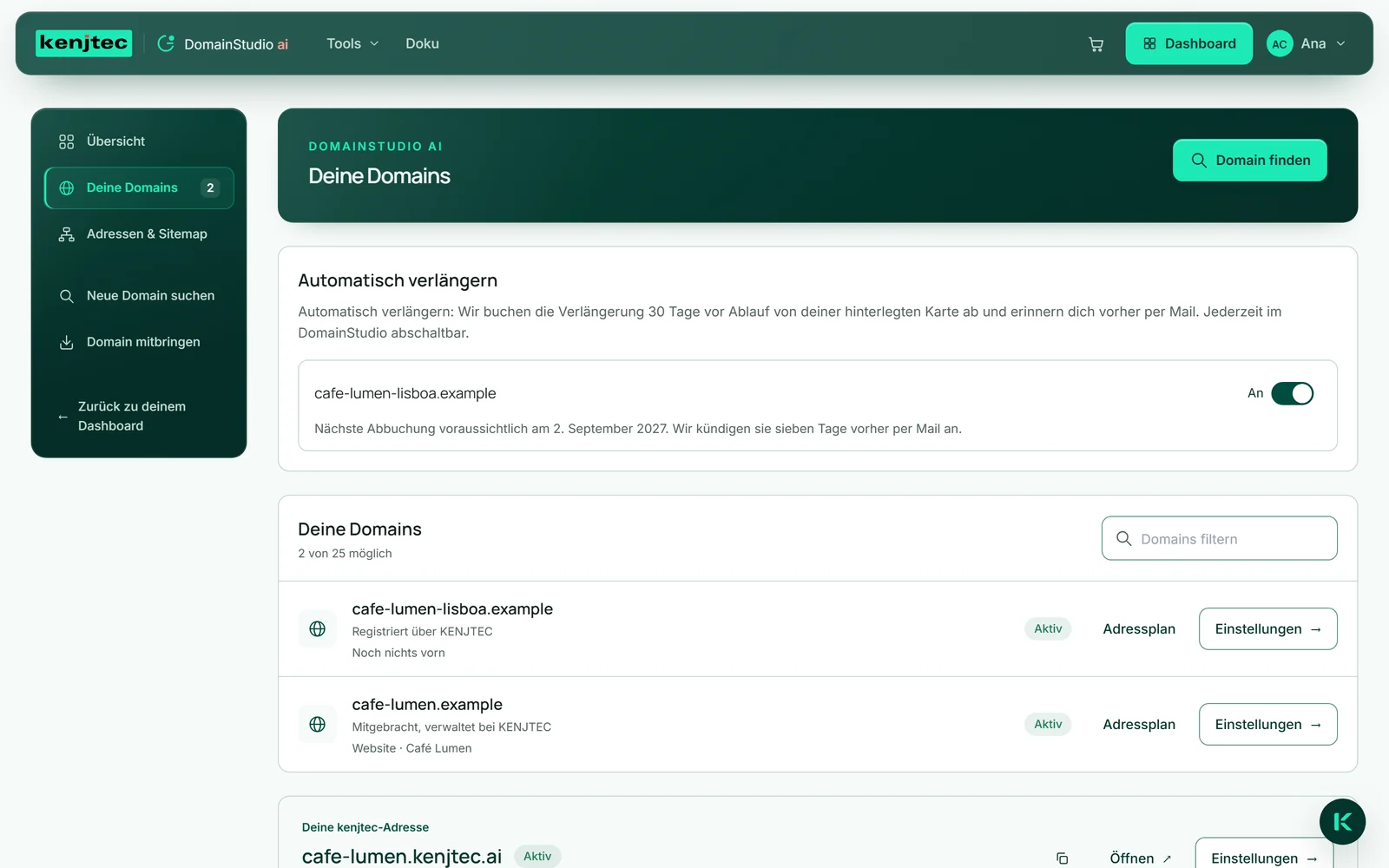 „Deine Domains“ direkt nach dem Kauf: die neue Domain von Café Lumen mit „Registriert über KENJTEC“ und der Pille „Aktiv“.