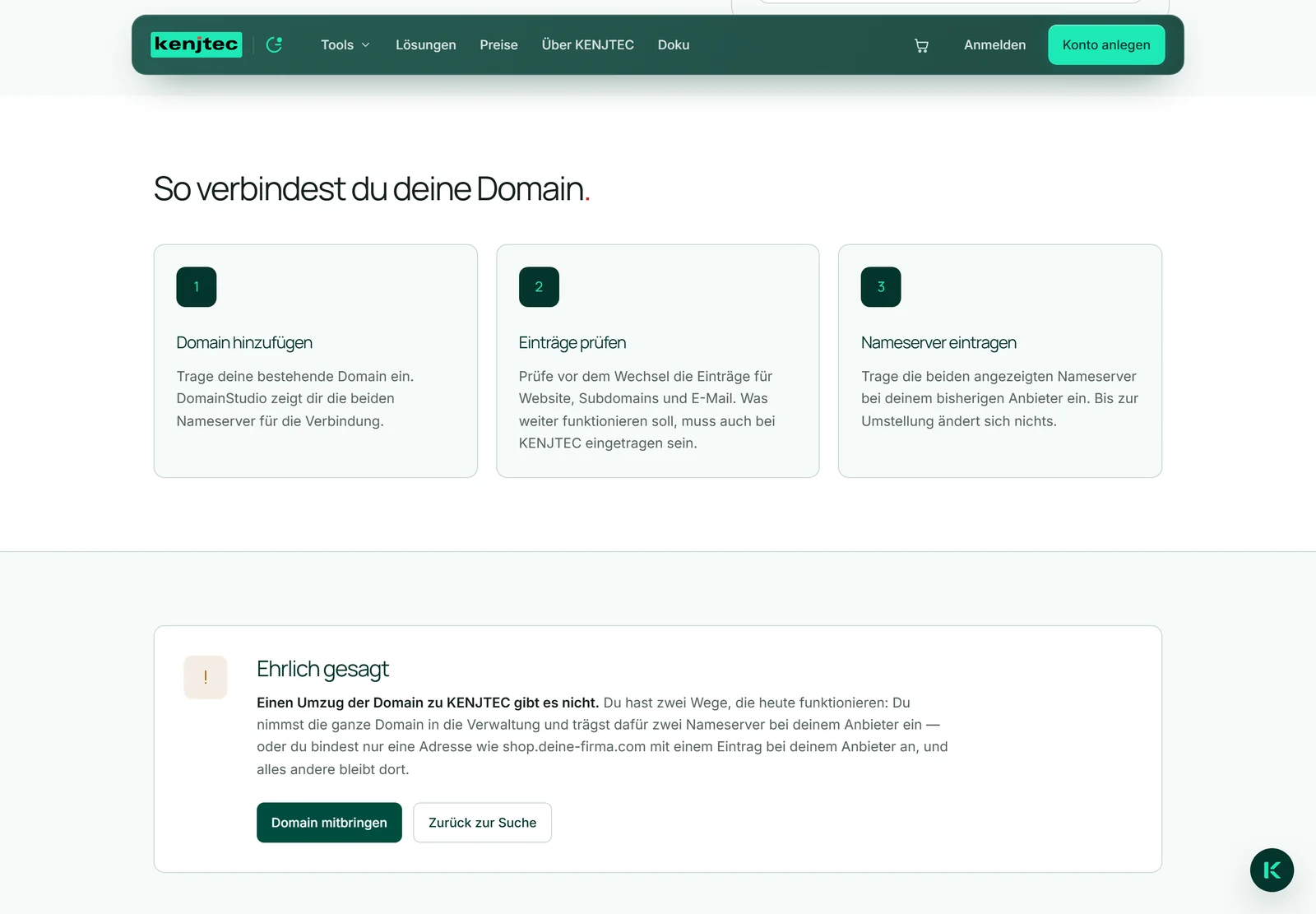 Die Seite „Bring deine Domain mit“ hinter einer vergebenen Domain: die drei Schritte unter „So verbindest du deine Domain“ und darunter der Kasten „Ehrlich gesagt“ — einen Umzug zu KENJTEC gibt es nicht.