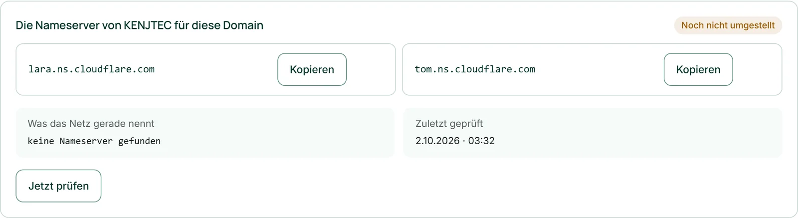Der Reiter „Nameserver“ einer Domain von Café Lumen mit der Pille „Noch nicht umgestellt“, „Was das Netz gerade nennt“ und „Zuletzt geprüft“.