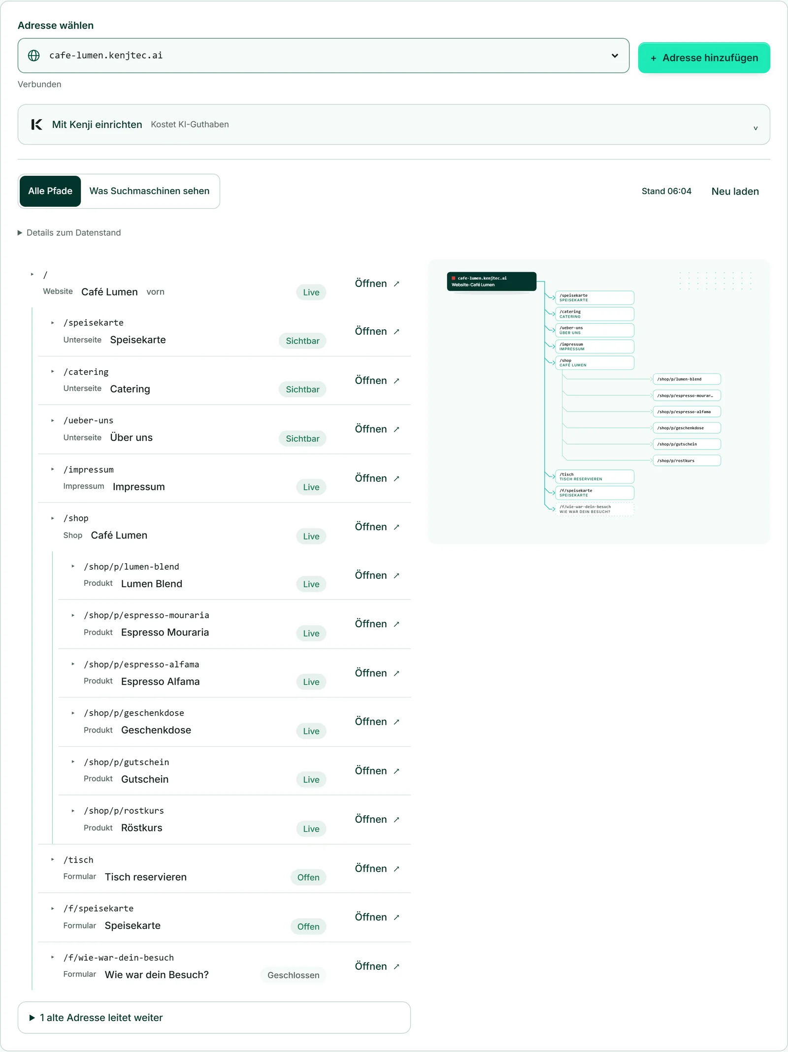 Der Adressplan von Café Lumen mit der Adresse cafe-lumen.kenjtec.ai: die Liste mit Website, Unterseiten, Laden und dem Formular „Tisch reservieren“, daneben dieselbe Ordnung als Zeichnung.