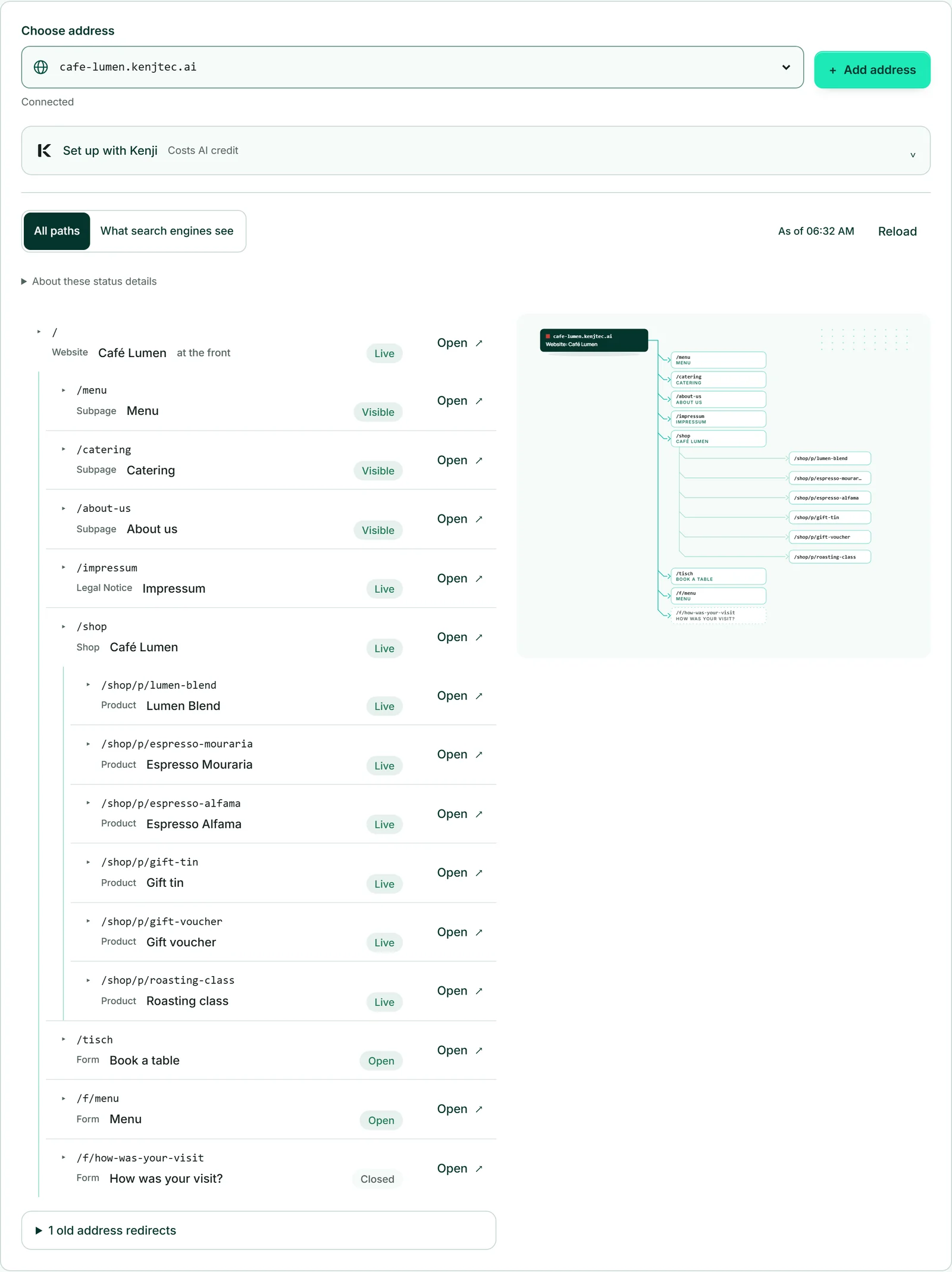 Adresseplanen for Café Lumen med adressen cafe-lumen.kenjtec.ai: listen med website, undersider, butik og formularen „Reservér bord“, ved siden af den samme opbygning som tegning.