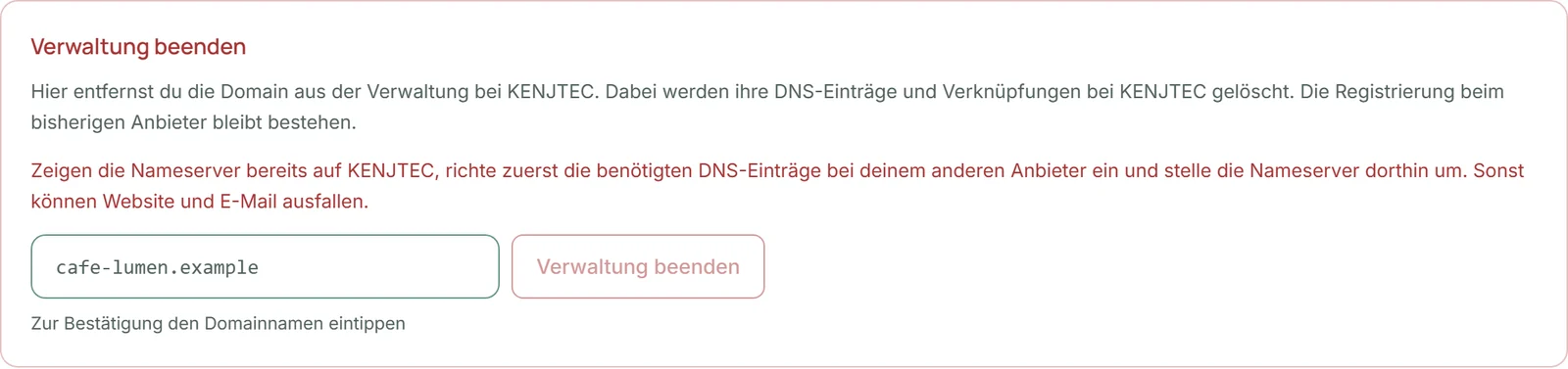 Der Abschnitt „Verwaltung beenden“ im Reiter „Nameserver“ einer Domain von Café Lumen: die Warnung, das Feld für den Domainnamen und der noch gesperrte Knopf.