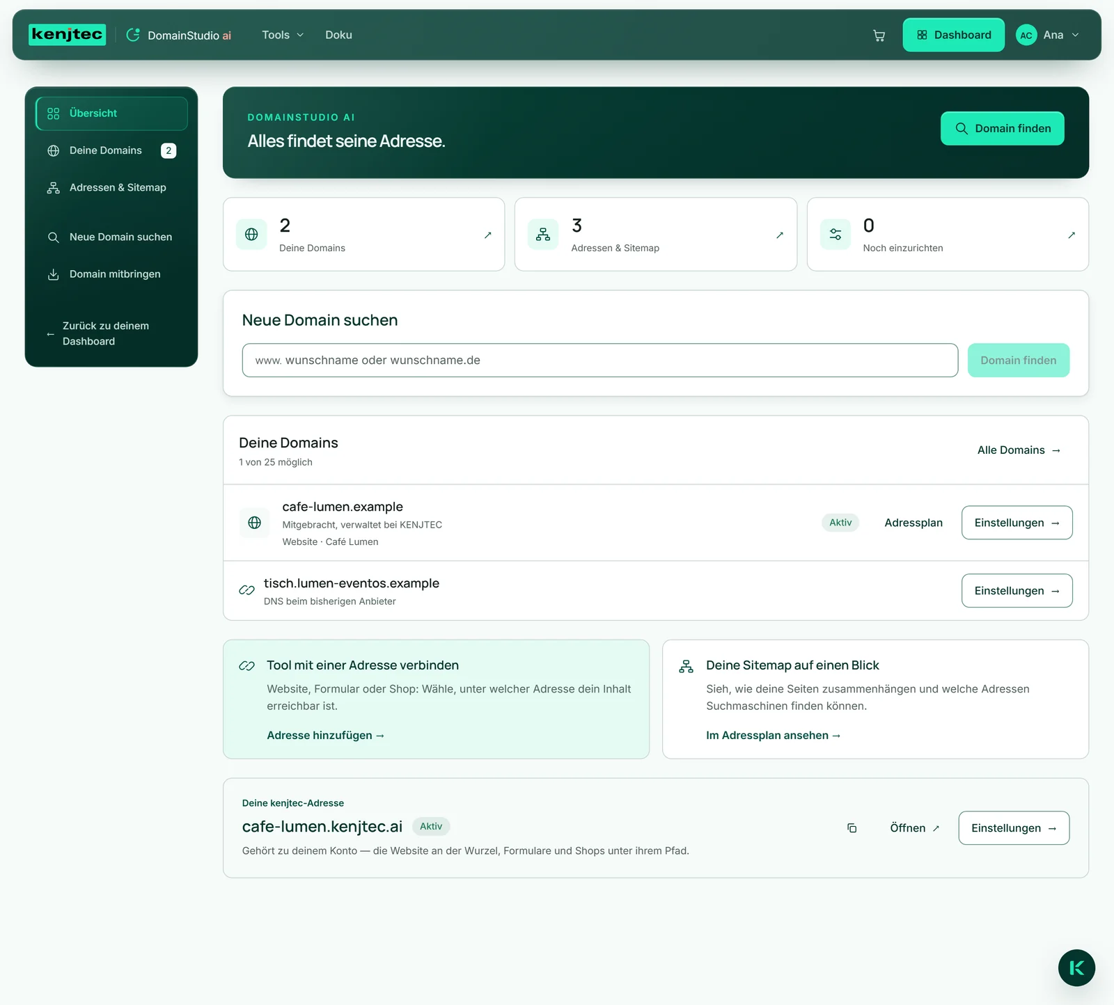 Die Übersicht von DomainStudio im Konto Café Lumen: links die fünf Bereiche, oben die drei Zahlen, darunter die Suche, die Domainliste und die Karte mit cafe-lumen.kenjtec.ai.