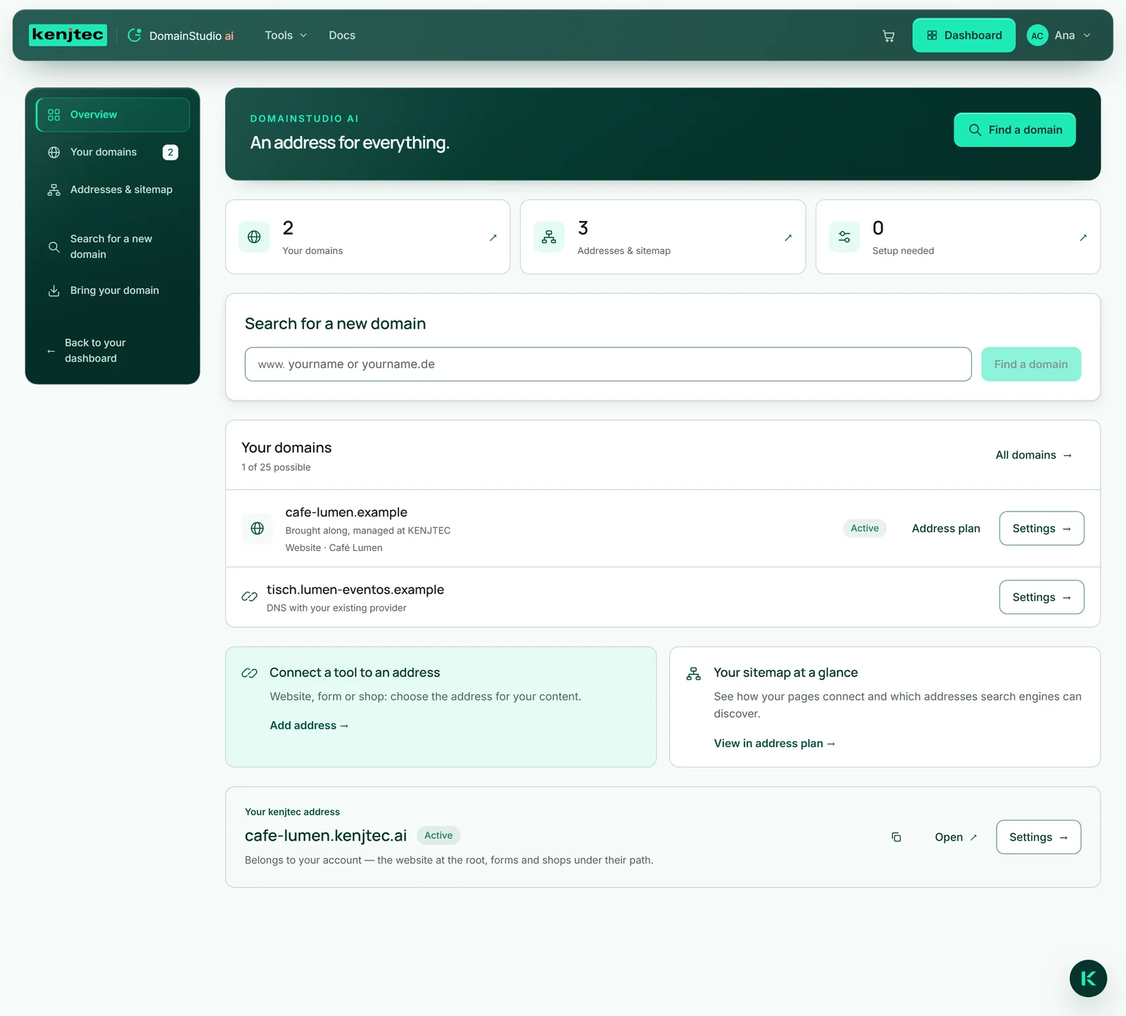 The DomainStudio overview in the Café Lumen account: the five areas on the left, the three figures at the top, and below them the search, the domain list and the card with cafe-lumen.kenjtec.ai.