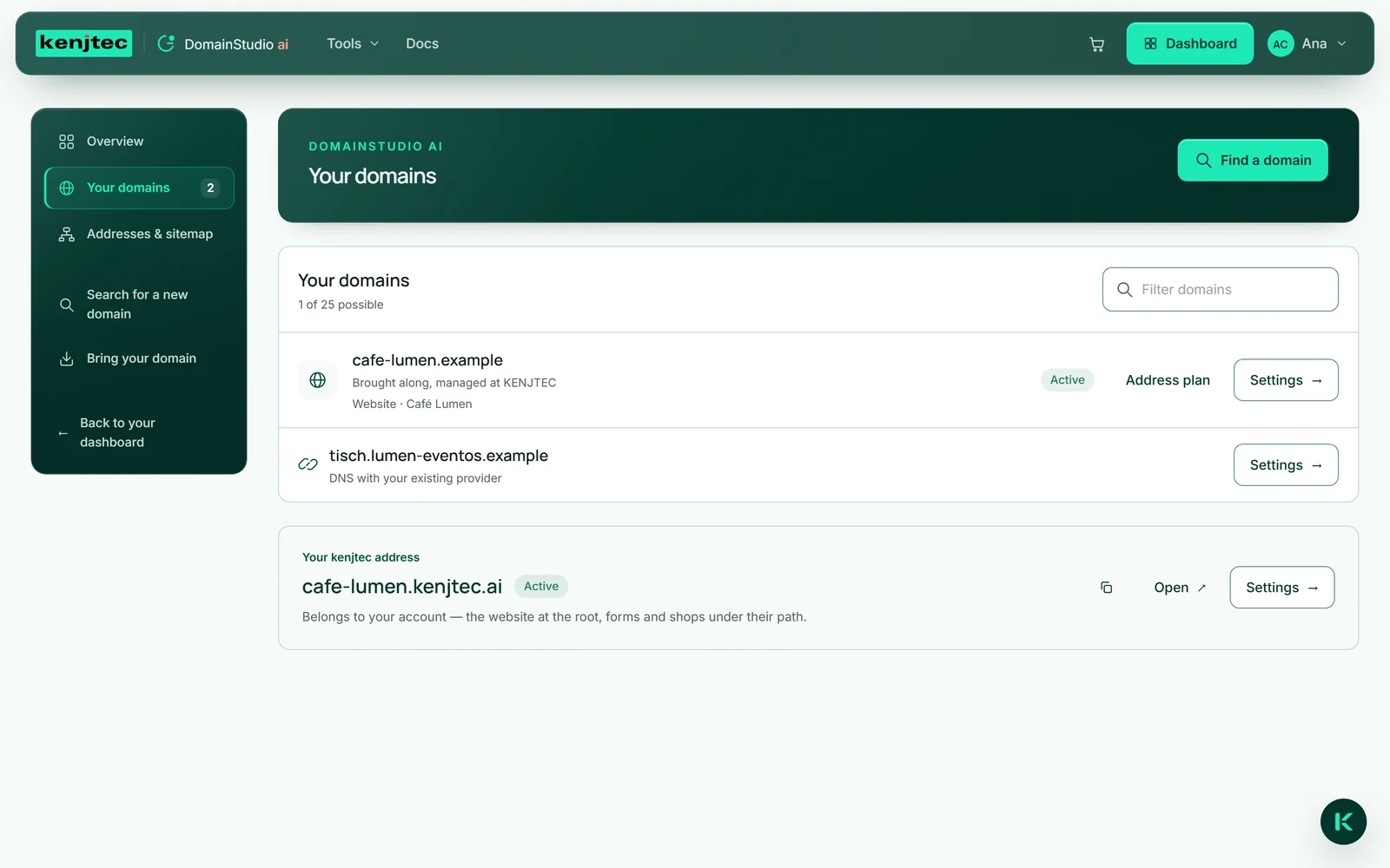 “Your domains” in the Café Lumen account: a managed domain with the “Active” pill and the line “Website · Café Lumen”, below it a connected domain with “DNS with your existing provider”.