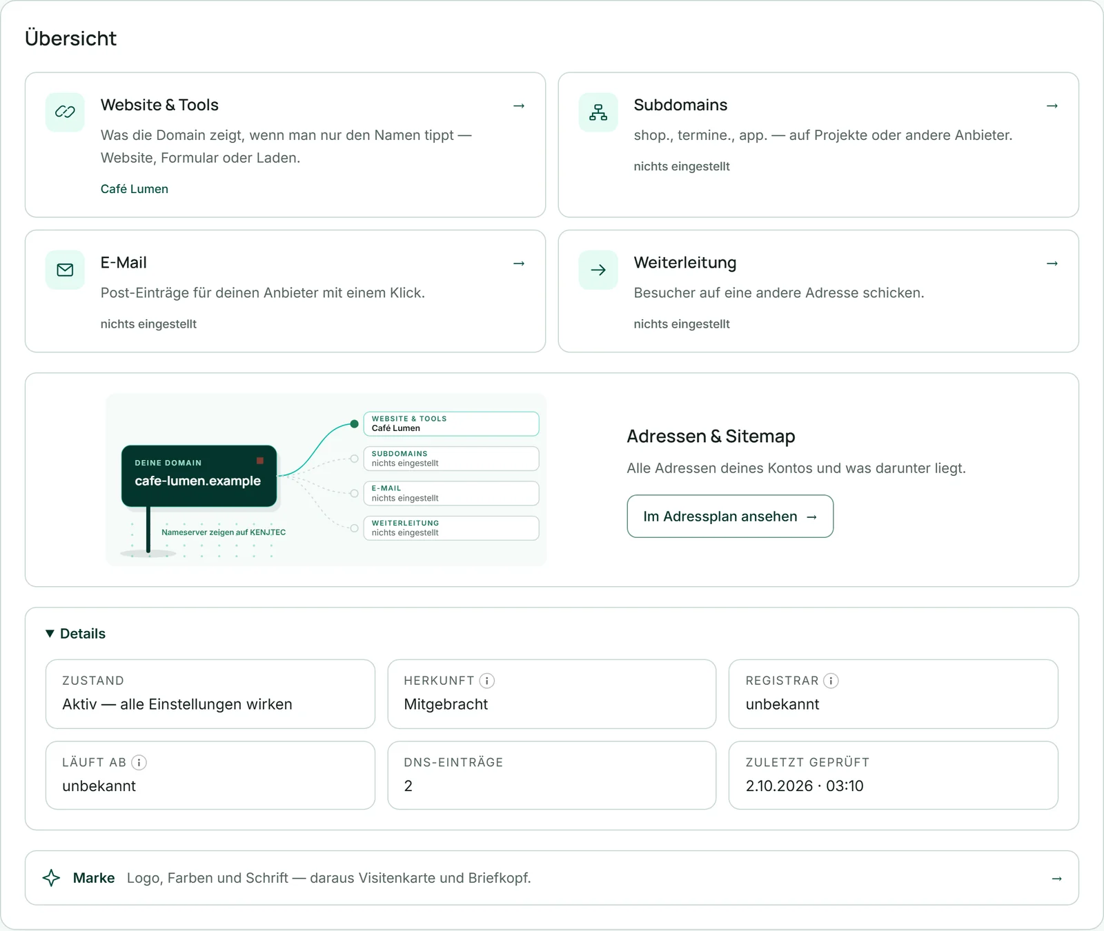 Die Einstellungen einer Domain von Café Lumen, Reiter „Übersicht“: vier Karten für Website, Subdomains, E-Mail und Weiterleitung, darunter die Zeichnung der Domain und aufgeklappt „Details“.