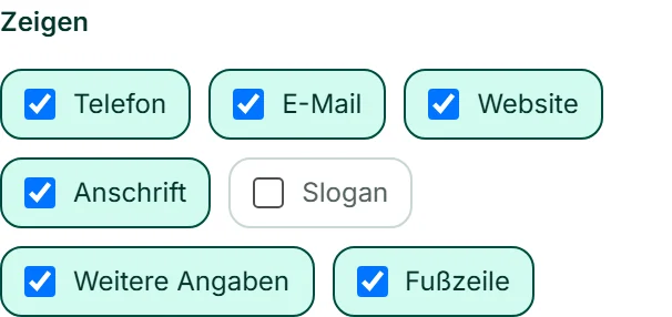 Die Schalter unter „Zeigen“ beim Briefkopf von Café Lumen; „Slogan“ ist ausgeschaltet.
