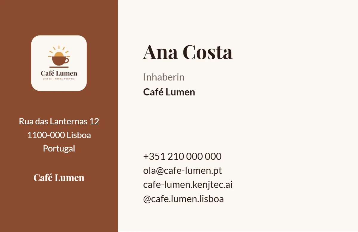 Die Visitenkarte von Café Lumen groß in der Vorschau, die dieselbe Szene ist wie das PDF: der Name in der Titelschrift und das Logo, beide scharf.