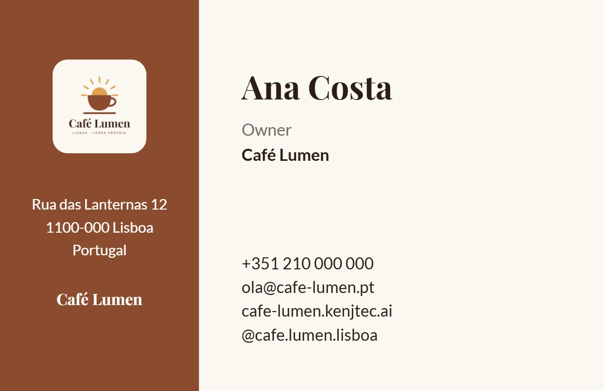 بطاقة عمل Café Lumen مكبّرة في المعاينة، وهي المشهد نفسه الموجود في ملف PDF: الاسم بخط العناوين والشعار، وكلاهما حادّ الوضوح.