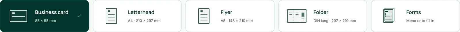 De tegels “Visitekaartje”, “Briefhoofd”, “Flyer” en “Folder” met formaattekening en afmetingen, daarnaast “Formulieren”; “Visitekaartje” is geselecteerd.