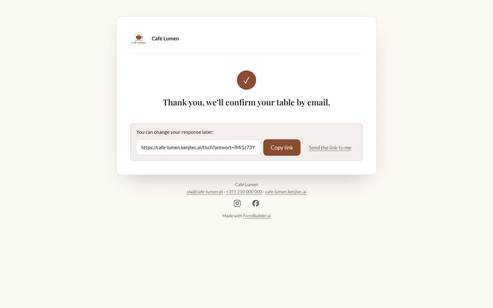 The thank-you page after a booking at Café Lumen: a tick, the sentence “Thank you, we’ll confirm your table by email.” and below it the personal link for changes.