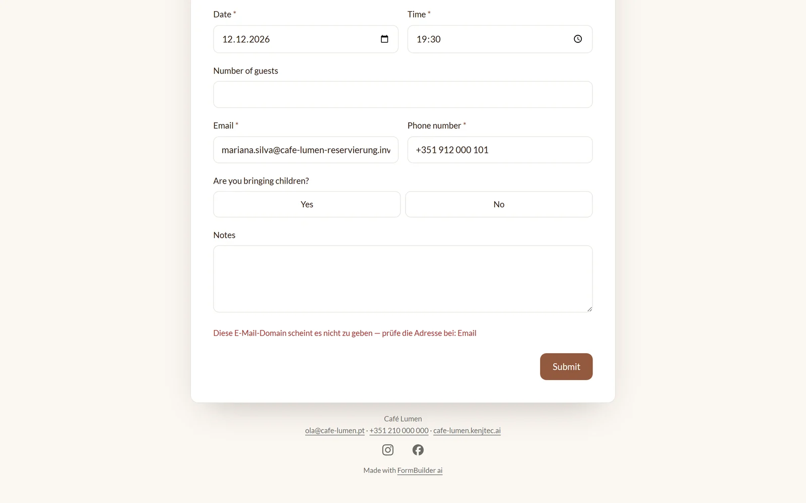 The form page “Book a table” with the note above the submit button saying that the domain of the entered email address does not seem to exist.
