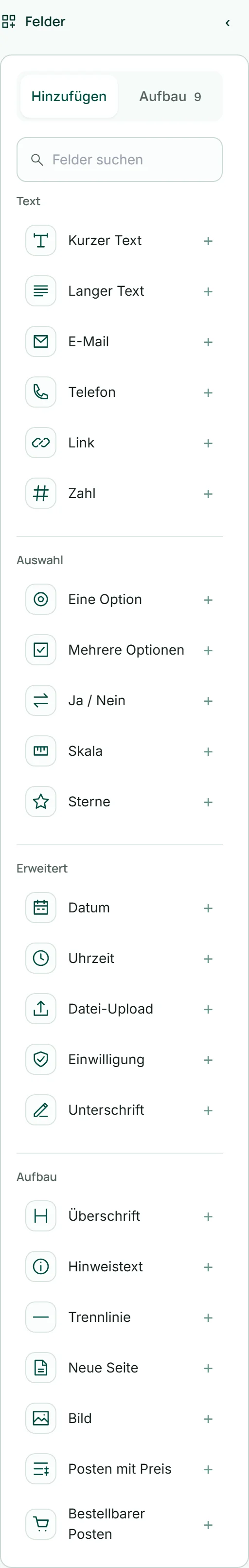 Die linke Spalte „Felder“ mit den vier Gruppen Text, Auswahl, Erweitert und Aufbau und allen Feldarten darin.