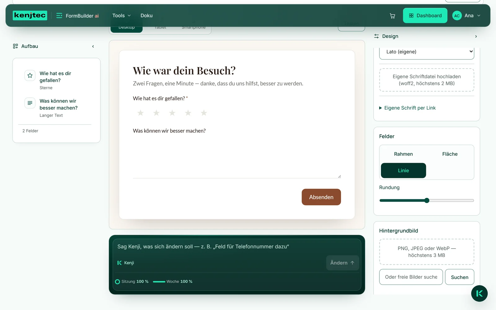 Das Formular „Wie war dein Besuch?“ im Schritt „Design“: rechts die Karte „Felder“ mit „Rahmen“, „Fläche“ und „Linie“ und dem Regler „Rundung“, in der Mitte die Vorschau im Feldstil „Linie“.