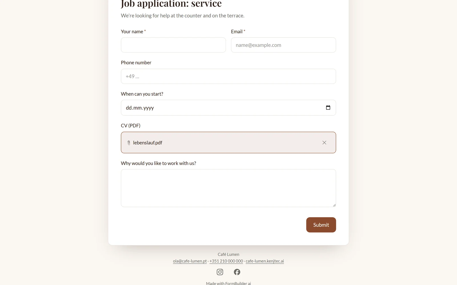 De invulpagina van “Sollicitatie bediening” van Café Lumen met het veld “Cv (PDF)” en het gekozen bestand “cv.pdf”.