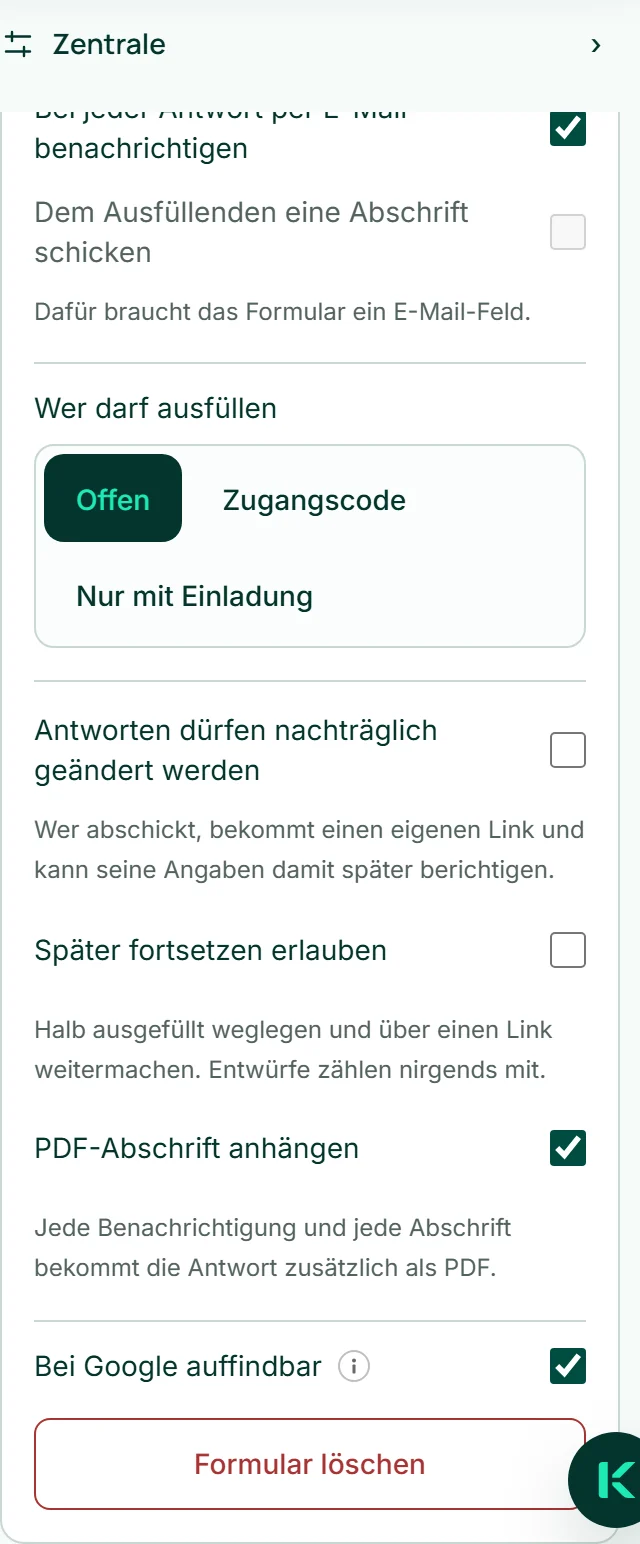 Der Bereich „Formular“ in der Zentrale der „Speisekarte“ von Café Lumen mit dem eingeschalteten Schalter „Bei Google auffindbar“ und dem Info-Zeichen daneben.