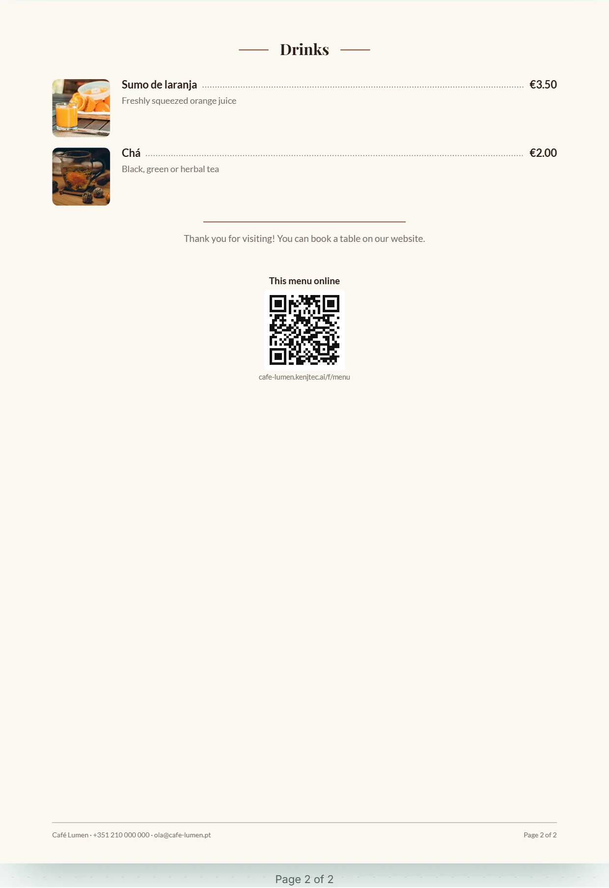 The end of Café Lumen’s menu: “This menu online”, the QR code on a white plate and the short address below it.