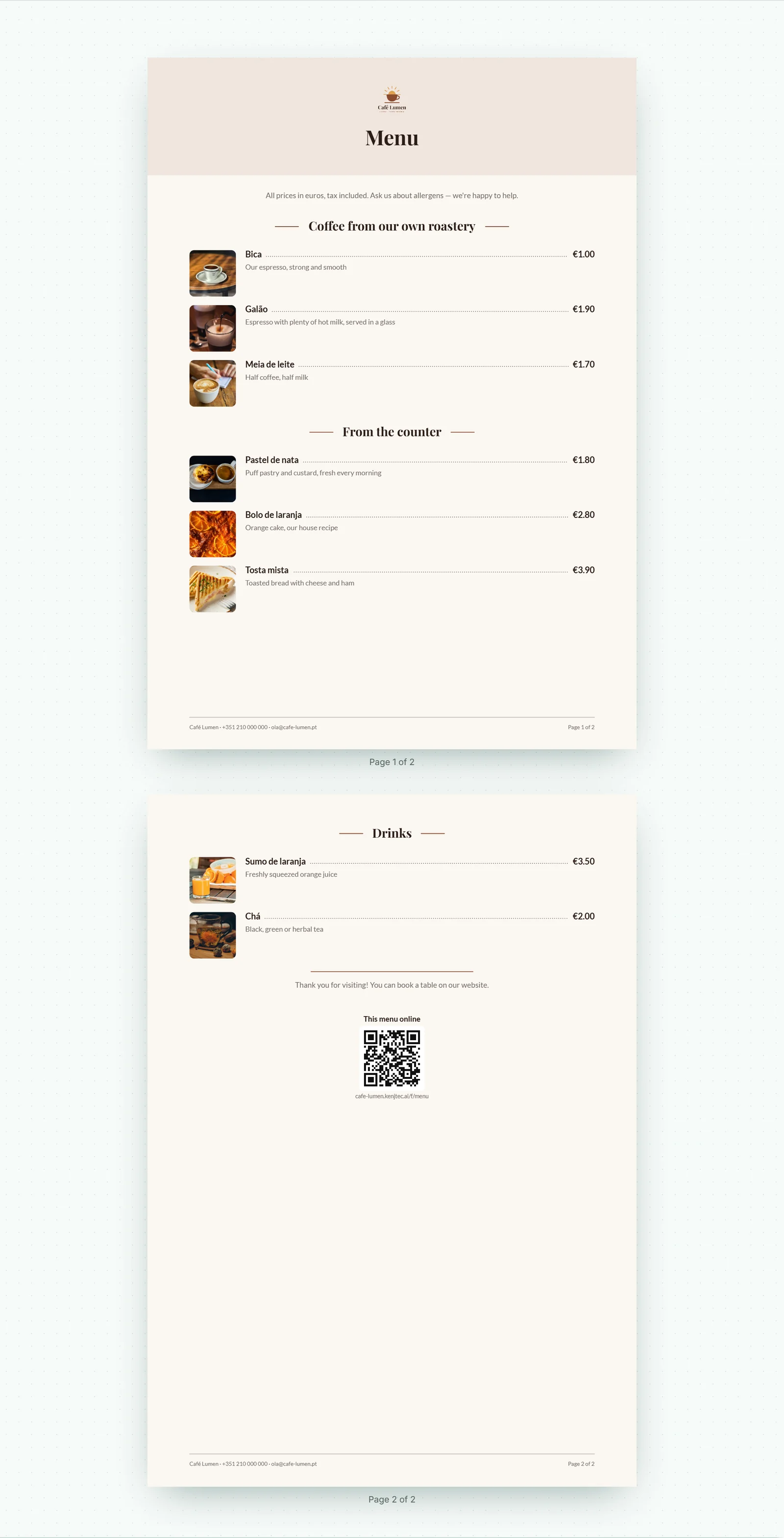 The preview of a two-page menu from Café Lumen: both pages one below the other, each with “Page 1 of 2” and “Page 2 of 2” underneath.