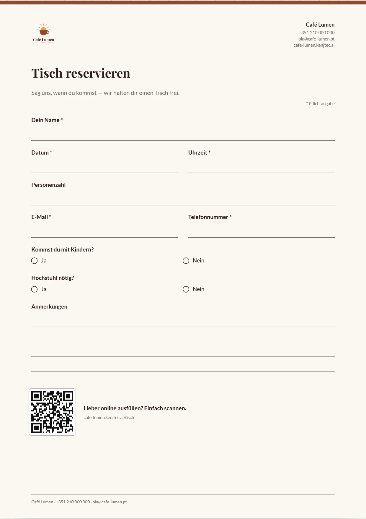 Das Formular „Tisch reservieren“ von Café Lumen zum Ausfüllen: Logo und Kontakt oben, Schreiblinien für Name, Datum, Uhrzeit und Telefon, runde Kästchen für Ja und Nein.