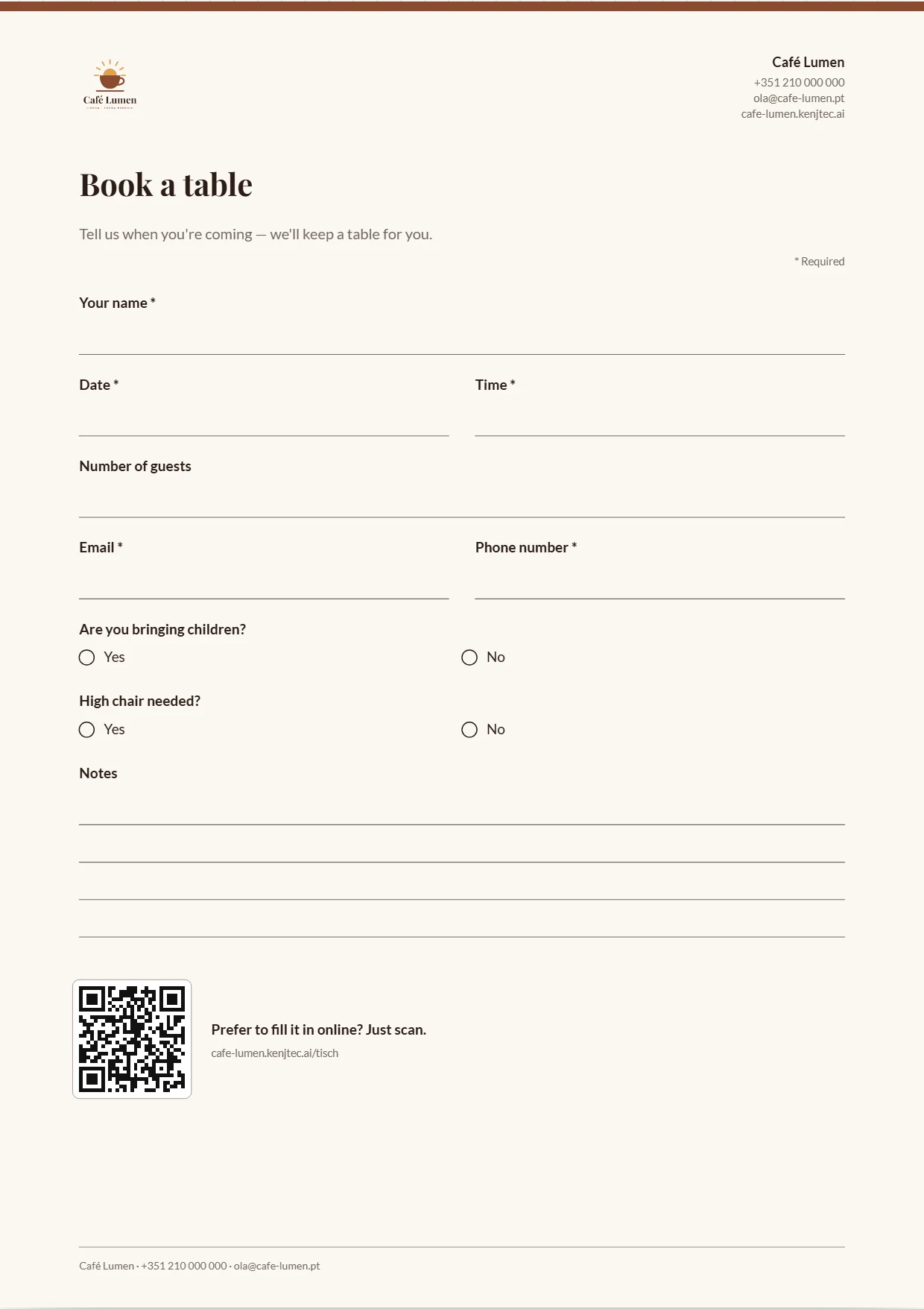 Café Lumen’s “Book a table” form to fill in: logo and contact at the top, writing lines for name, date, time and phone, round boxes for yes and no.