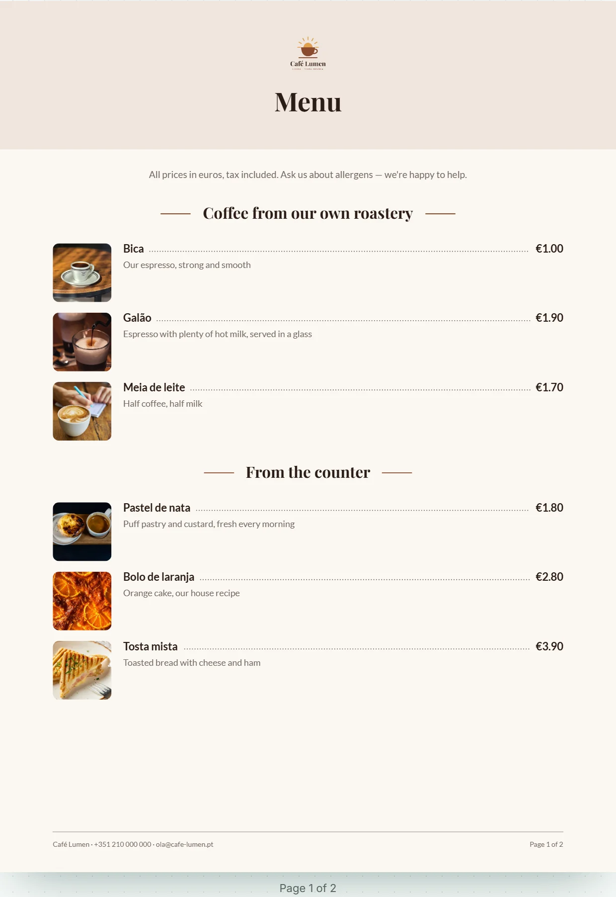 The first page of Café Lumen’s menu: title band with logo, the “From the counter” section and the line “Pastel de nata” with dotted leader, price “€1.80” and photo.