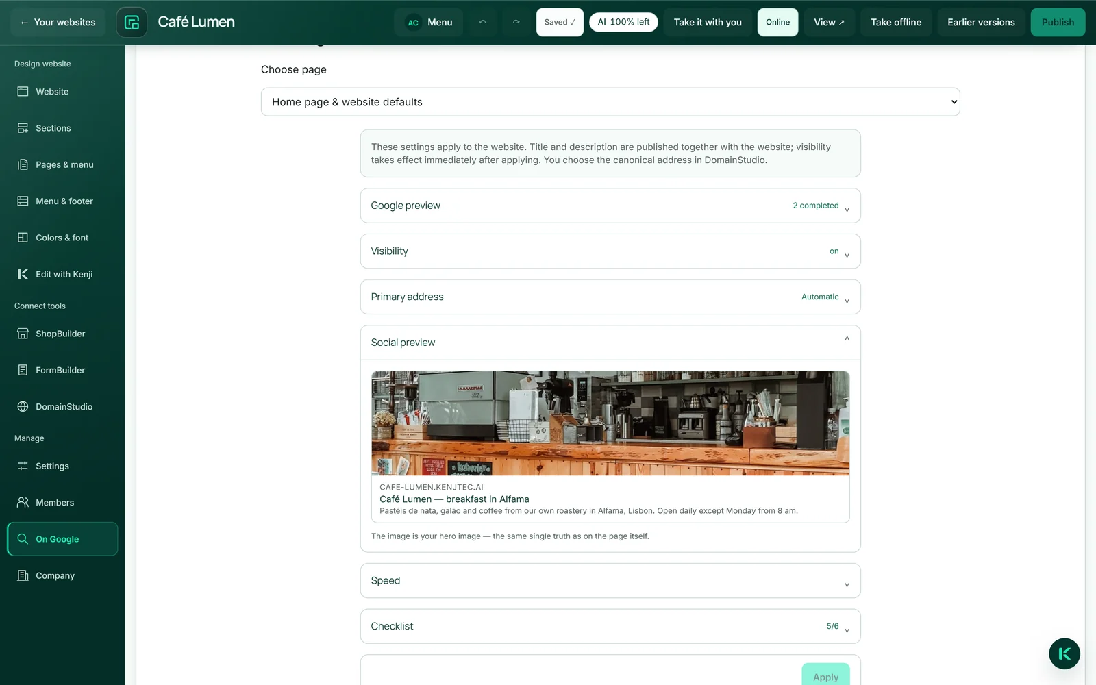 „Social forhåndsvisning“ under „På Google“: Café Lumens topbillede med adresse, titel og beskrivelse, sådan som et delt link vises.
