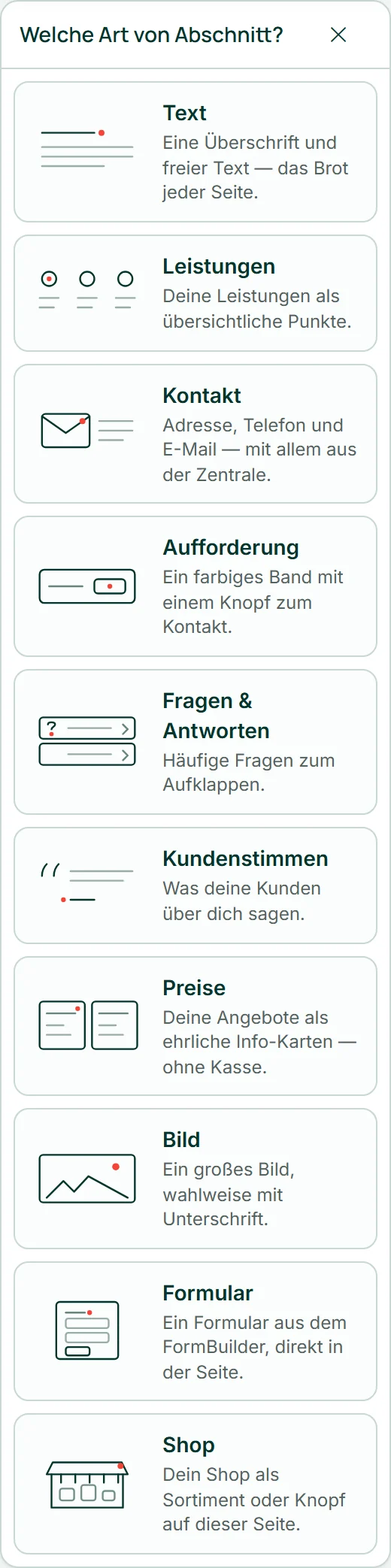 Der aufgeklappte Katalog „Welche Art von Abschnitt?“ mit den zehn Kacheln von „Text“ bis „Shop“, jede mit ihrer Zeichnung und einem Satz.