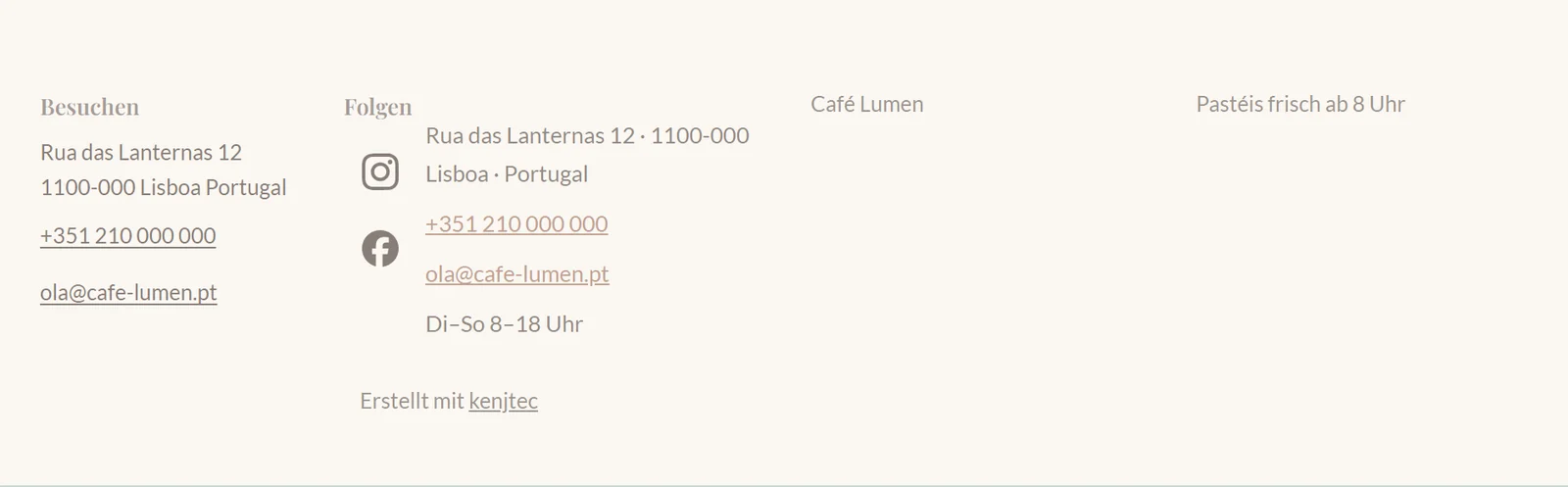 Die Fußzeile von Café Lumen in der Vorschau mit den eigenen Spalten „Besuchen“ und „Folgen“, den Zeichen für Instagram und Facebook und der Fußnotiz „Pastéis frisch ab 8 Uhr“.