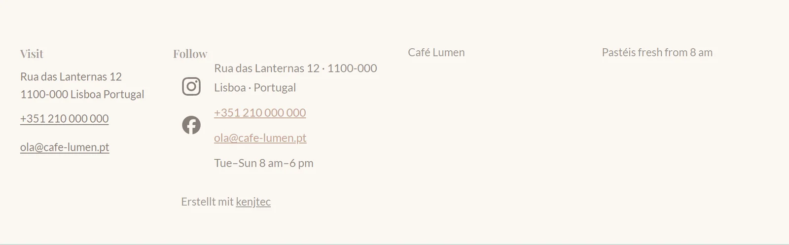 Café Lumen’s footer in the preview with the custom columns “Visit” and “Follow”, the icons for Instagram and Facebook, and the footer note “Pastéis fresh from 8 am”.