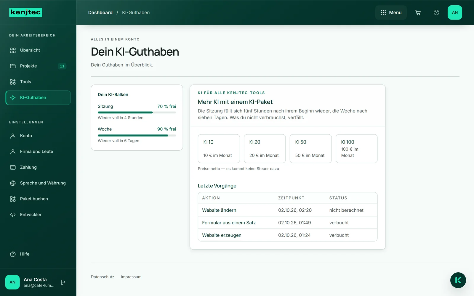 „KI-Guthaben“ von Café Lumen: In „Letzte Vorgänge“ steht „Website ändern“ mit „nicht berechnet“, und der KI-Balken daneben zeigt denselben Stand wie vor dem Auftrag.