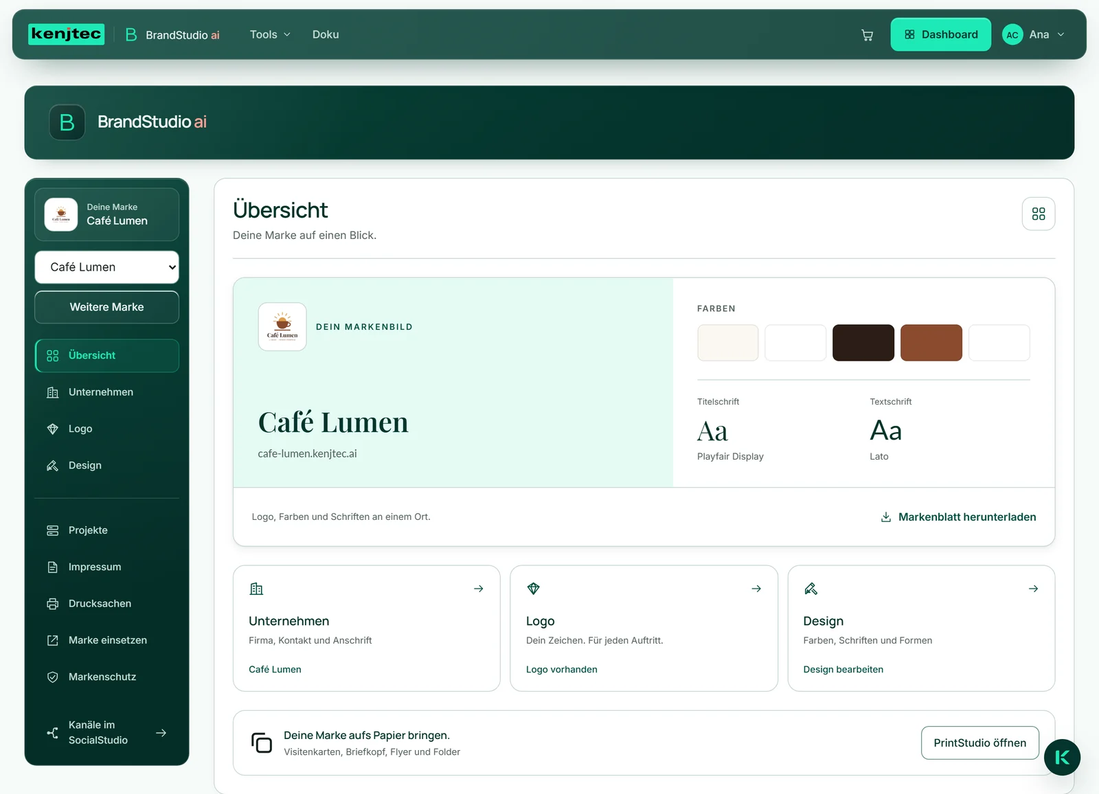 BrandStudio von Café Lumen: links die Bereiche von „Übersicht“ bis „Markenschutz“, rechts die Übersicht mit Logo, Farben und Schriften.