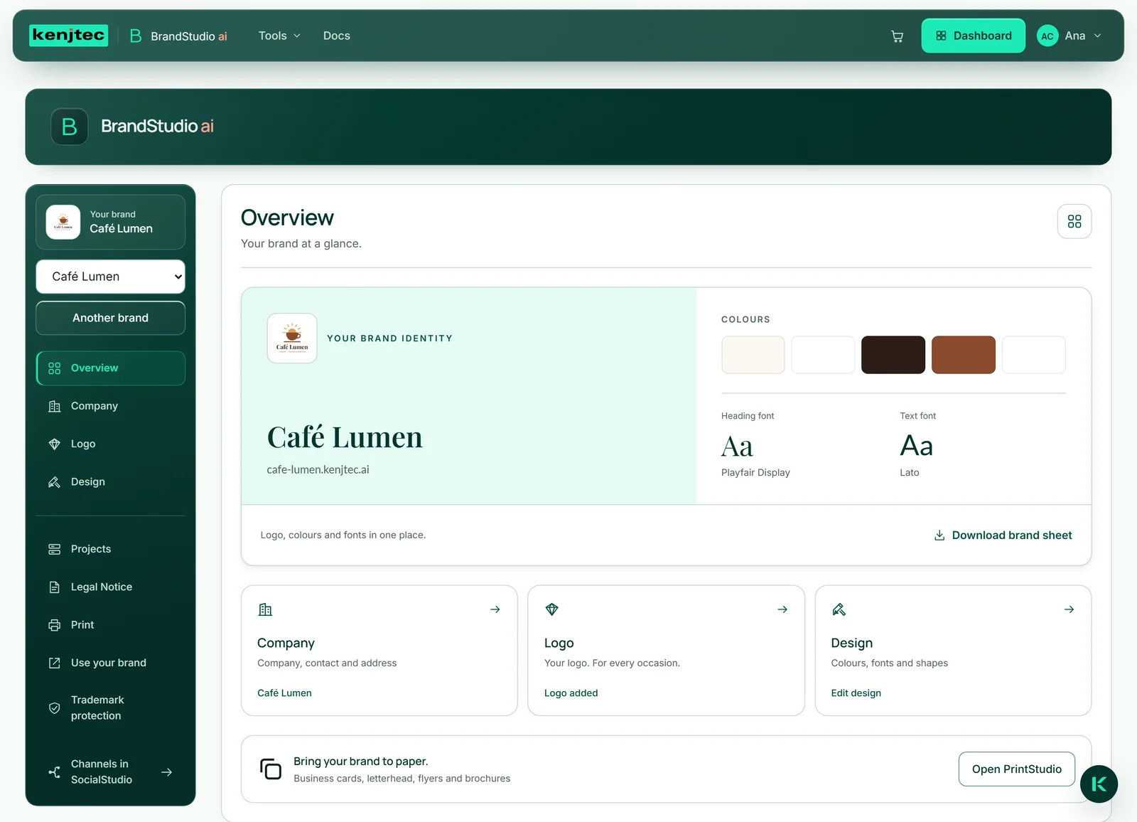BrandStudio de Café Lumen: a la izquierda, las secciones de «Vista general» a «Protección de la marca»; a la derecha, la vista general con el logotipo, los colores y las tipografías.
