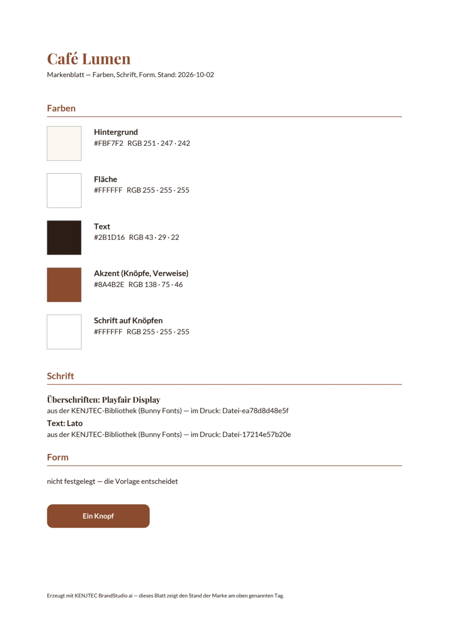 La ficha de marca de Café Lumen en PDF: cinco muestras de color con valores hexadecimales y RGB, la tipografía de títulos y la de texto, la forma del botón y un botón dibujado en marrón café.