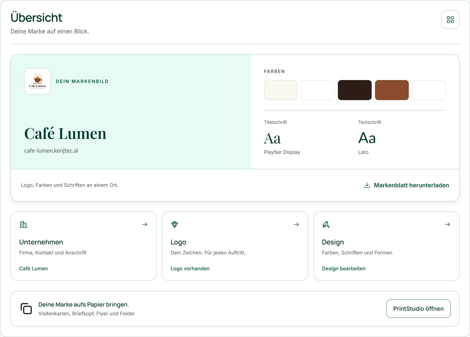 Die Übersicht von Café Lumen: Logo und Name in der Titelschrift, fünf Farbfelder, Titel- und Textschrift mit „Aa“, darunter die Karten „Unternehmen“, „Logo“ und „Design“.