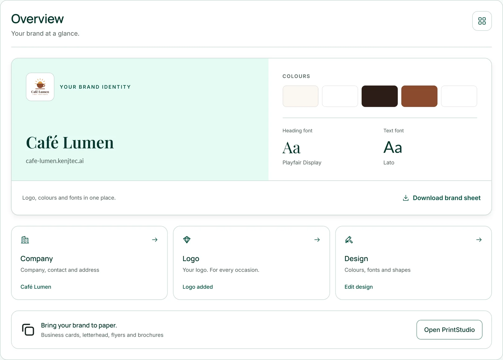 La vista general de Café Lumen: el logotipo y el nombre en la tipografía de títulos, cinco muestras de color, la tipografía de títulos y la de texto con «Aa» y, debajo, las tarjetas «Empresa», «Logotipo» y «Diseño».