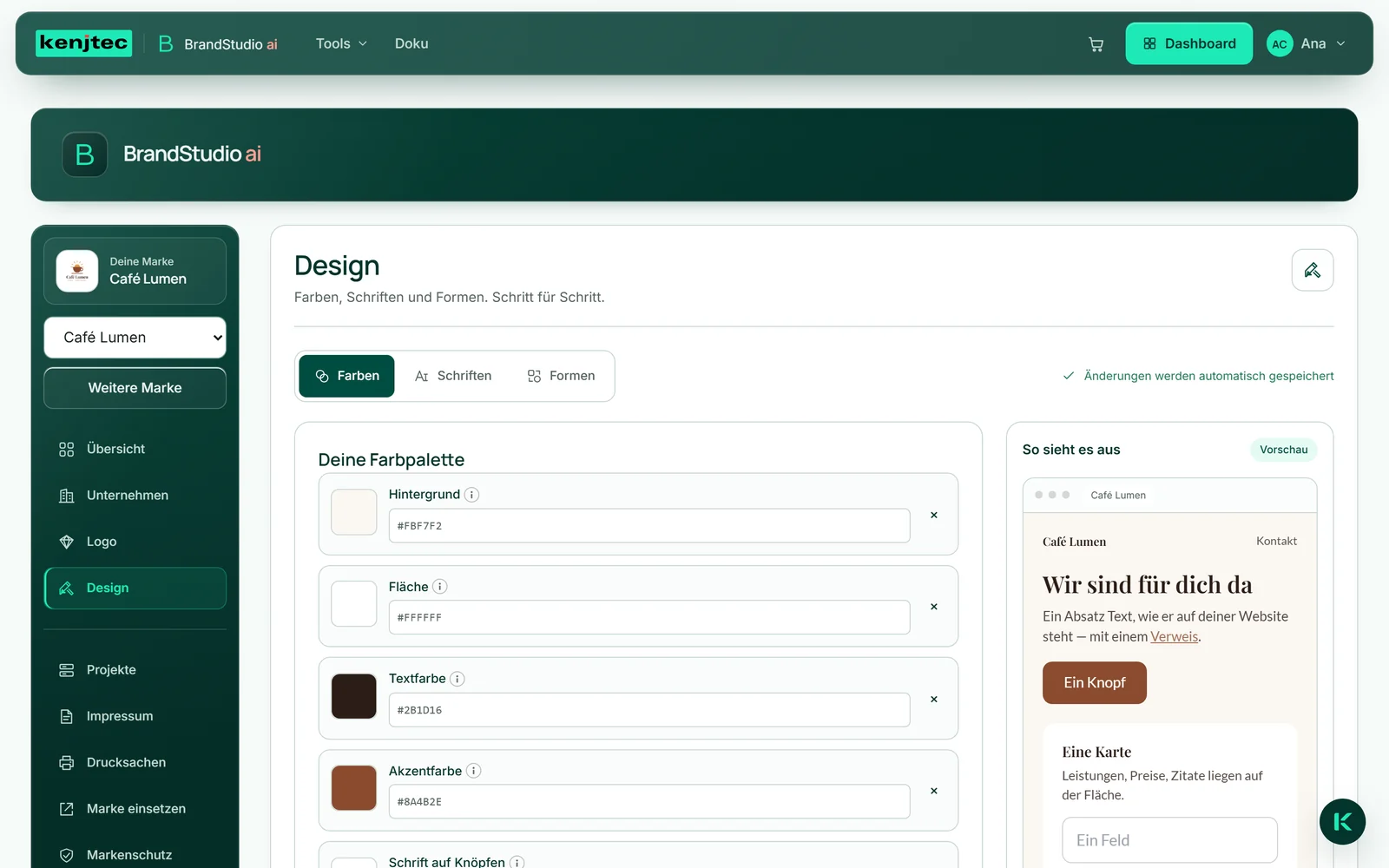 Der Bereich „Design“ von Café Lumen mit dem Umschalter „Farben“, „Schriften“, „Formen“, der Zeile „Änderungen werden automatisch gespeichert“ und daneben der Vorschau.