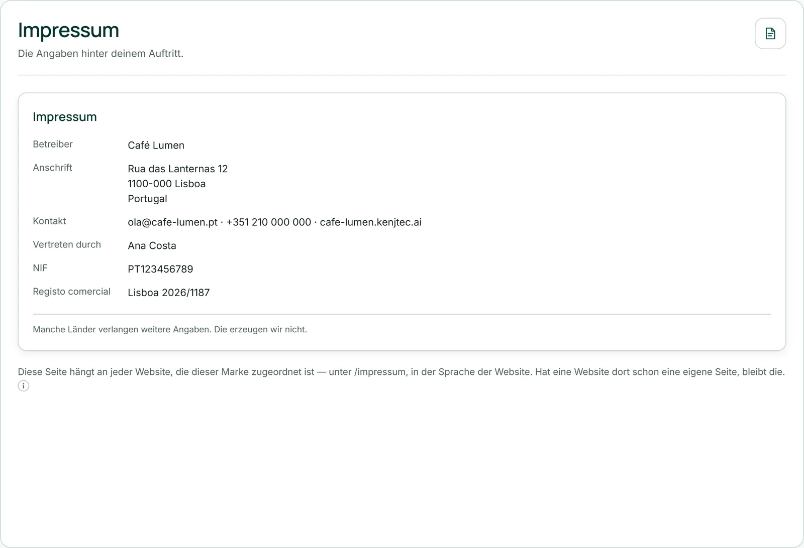 Die Vorschau unter „Impressum“ für Café Lumen: Betreiber, Anschrift in Lissabon, Kontakt mit E-Mail und Telefon, darunter der Hinweissatz.